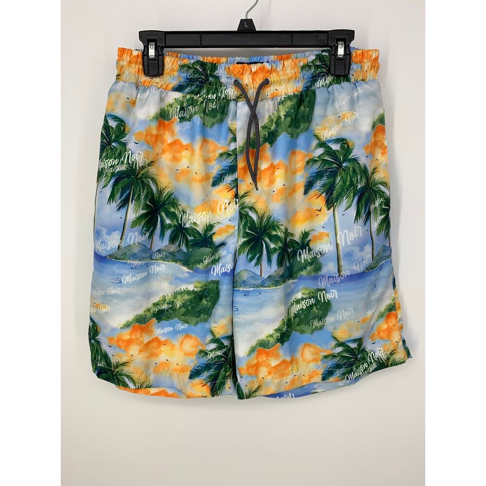 Maison Noir Blue Tan Orange Tropical Island Swim Trunks Shorts Size L Vacation